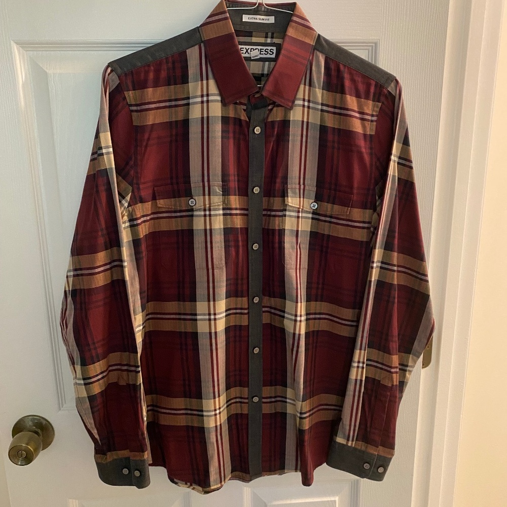 Express Men’s L/S Button Down, Size M, Extra Slim, Maroon Plaid